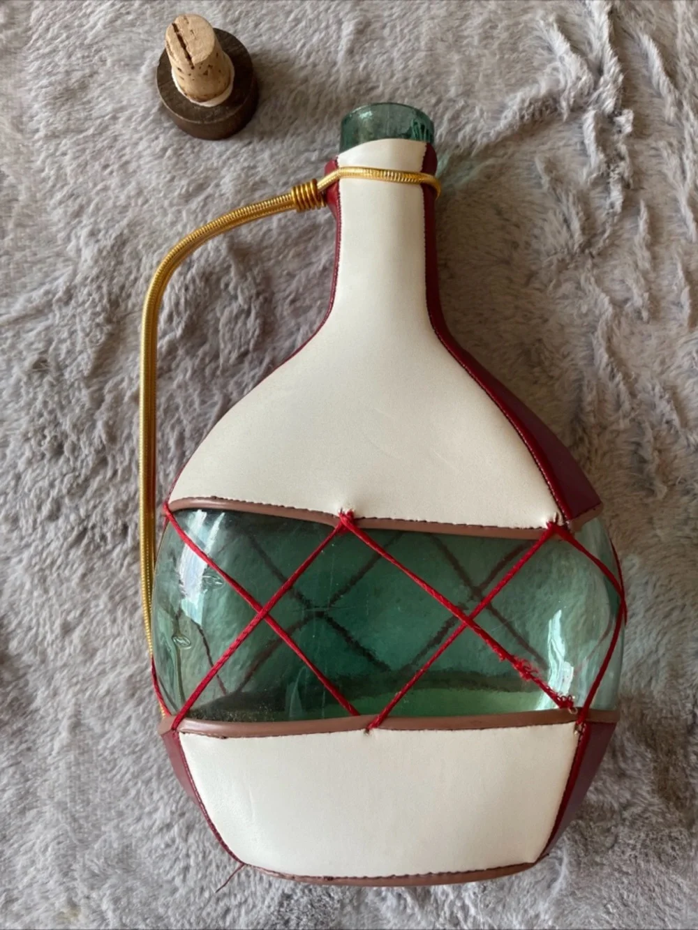 Vintage Spanish Decorative Green Glass White and Red Leather Wrap Wine decanter